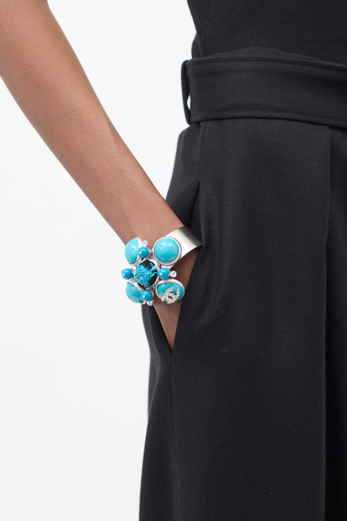 Chanel FW 2007 Silver 
Blue Embellished Cuff Bracelet