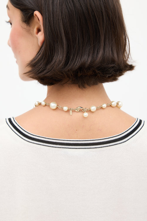 Chanel F/W 2013 Gold Faux Pearl Logo Necklace