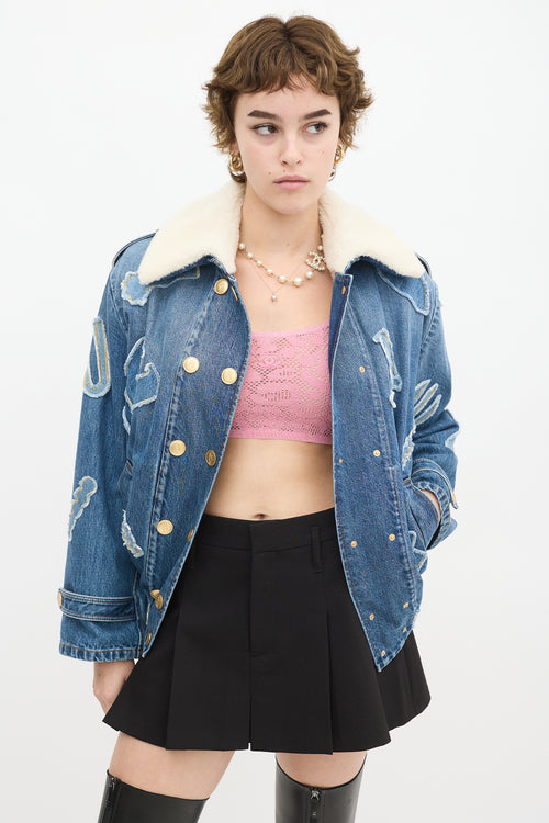 Chanel PF 2019 Medium Wash Denim 
Shearling Patchwork Jacket