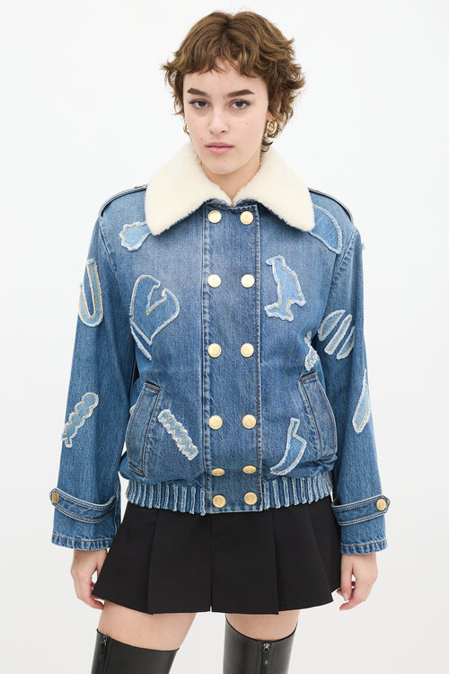 Chanel PF 2019 Medium Wash Denim 
Shearling Patchwork Jacket