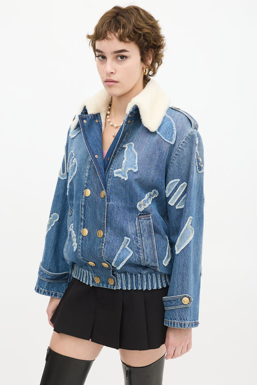 Chanel PF 2019 Medium Wash Denim 
Shearling Patchwork Jacket