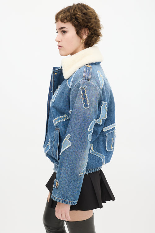 Chanel PF 2019 Medium Wash Denim 
Shearling Patchwork Jacket