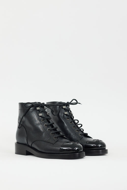 Chanel FW 2020 Black Sparkly Leather CC Combat Boot