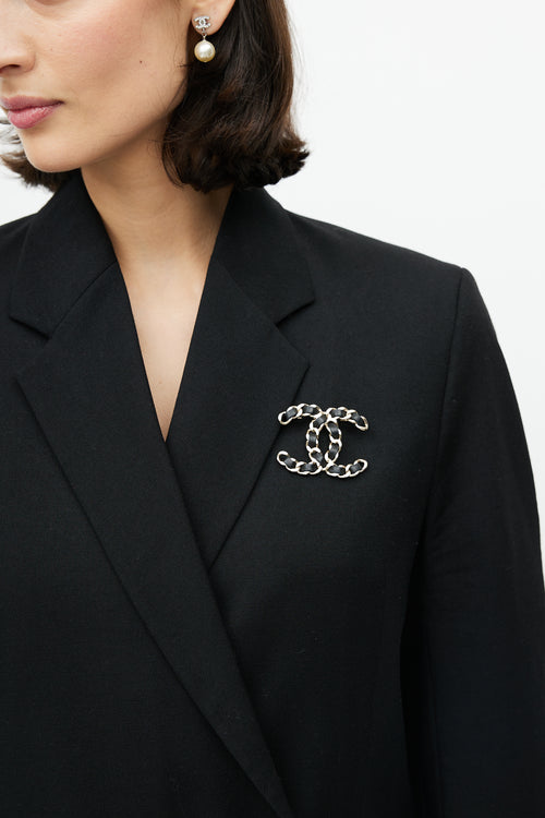 Chanel Gold 
Black Logo Chainlink Brooch