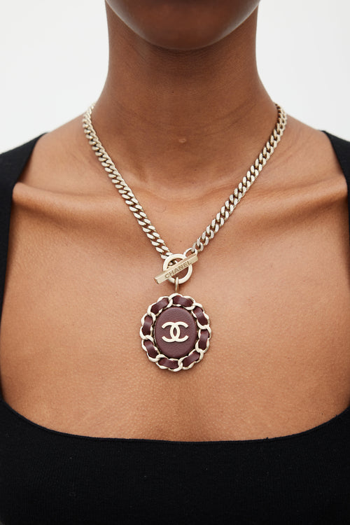 Chanel Gold 
Burgundy Chainlink Logo Necklace