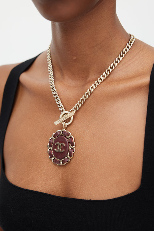 Chanel Gold 
Burgundy Chainlink Logo Necklace