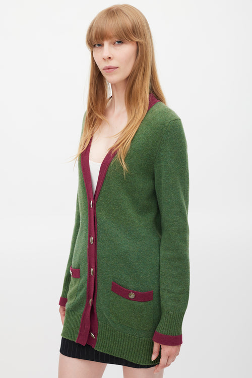 Chanel Green 
Purple Trimmed CC Button Cardigan