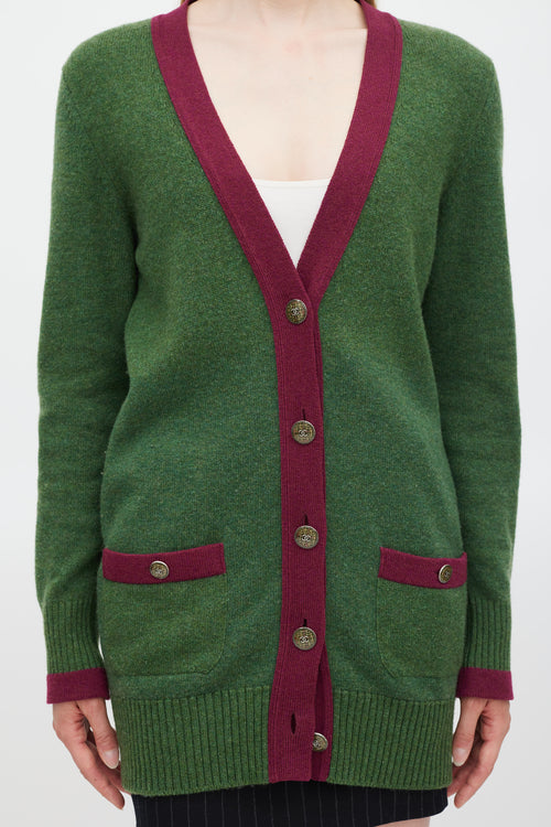 Chanel Green 
Purple Trimmed CC Button Cardigan