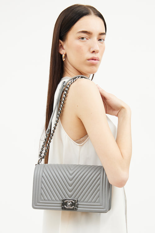 Chanel Grey Chevron Silver chain Medium Boy Bag