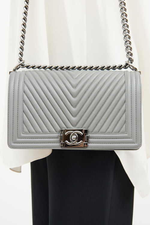 Chanel Grey Chevron Silver chain Medium Boy Bag