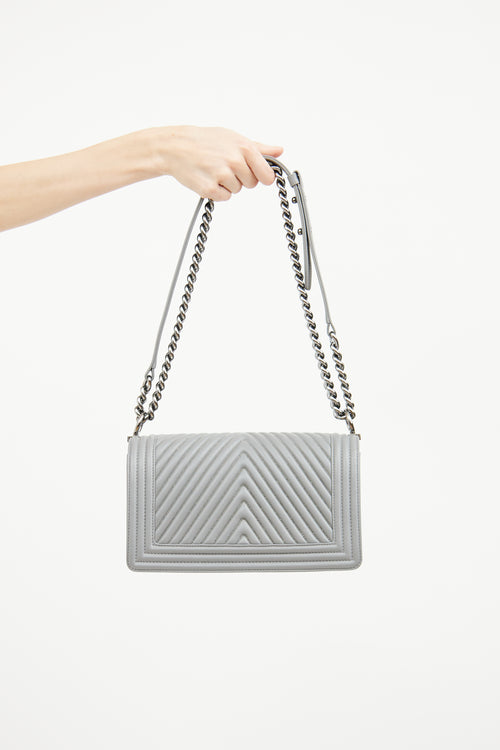 Chanel Grey Chevron Silver chain Medium Boy Bag