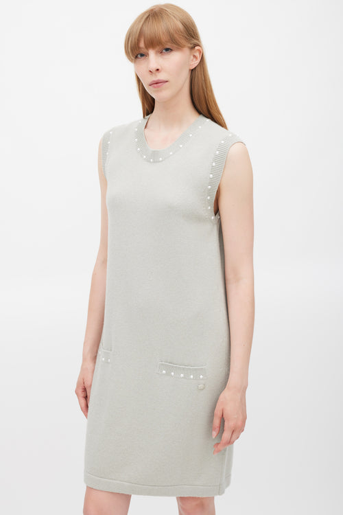 Chanel Grey Cotton 
Cashmere Pearl Trimmed Dress