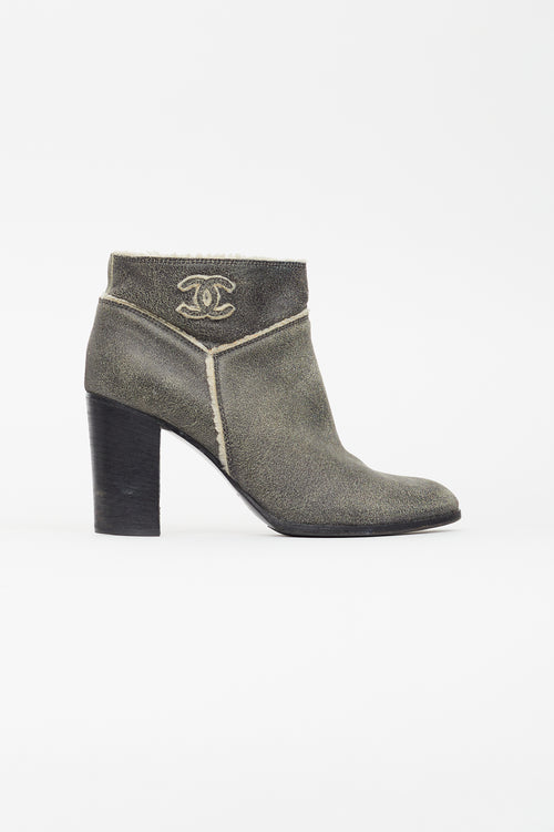 Chanel Grey Distressed Leather Shearling Ankle Boot