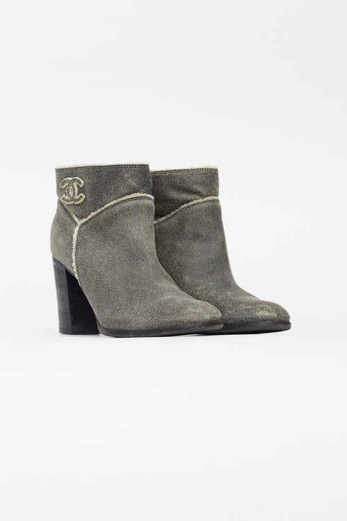 Chanel Grey Distressed Leather Shearling Ankle Boot