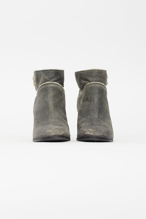 Chanel Grey Distressed Leather Shearling Ankle Boot