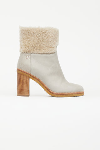 Chanel Light Grey Leather 
Shearling Heeled Boot