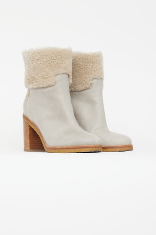 Chanel Light Grey Leather 
Shearling Heeled Boot