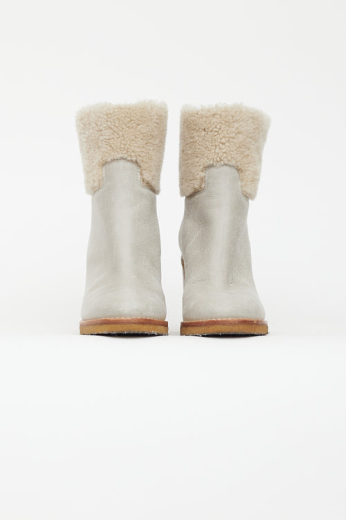 Chanel Light Grey Leather 
Shearling Heeled Boot