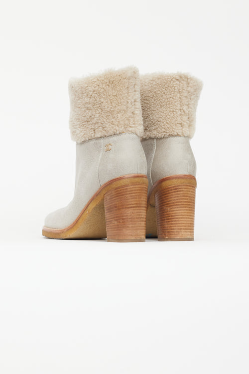 Chanel Light Grey Leather 
Shearling Heeled Boot