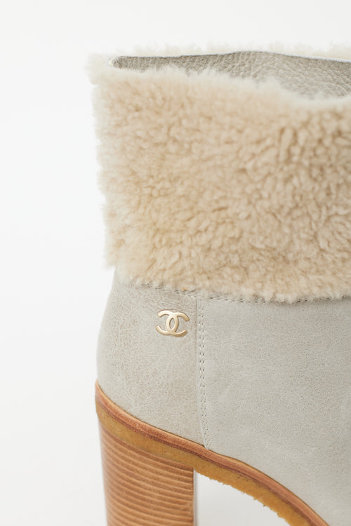 Chanel Light Grey Leather 
Shearling Heeled Boot