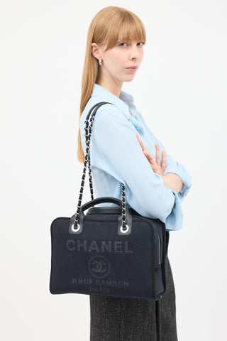 Chanel Navy 
Black Canvas Deauville Two Way Chain Bowling Bag