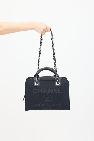 Chanel Navy 
Black Canvas Deauville Two Way Chain Bowling Bag