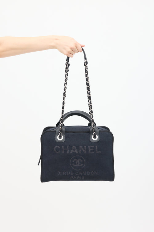 Chanel Navy 
Black Canvas Deauville Two Way Chain Bowling Bag