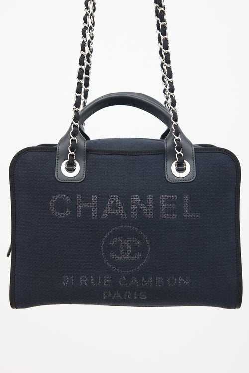 Chanel Navy 
Black Canvas Deauville Two Way Chain Bowling Bag