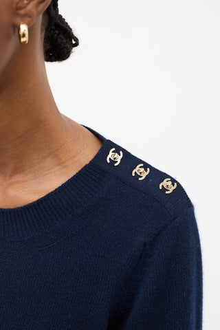 Chanel Navy Cashmere CC Shoulder Sweater Dress