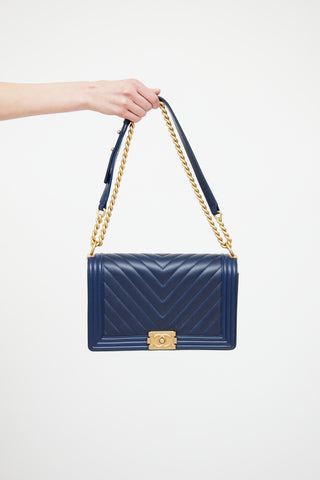 Chanel Navy Chevron New Medium Boy Bag