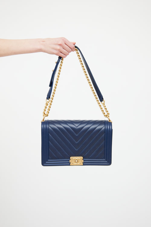 Chanel Navy Chevron New Medium Boy Bag