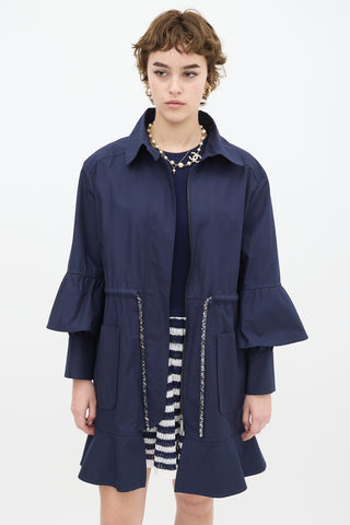 Chanel Navy Cotton Drawstring Flounce Coat