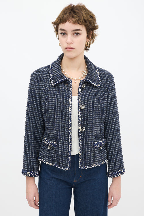 Chanel Navy Cotton Tweed CC Pearl Button Jacket