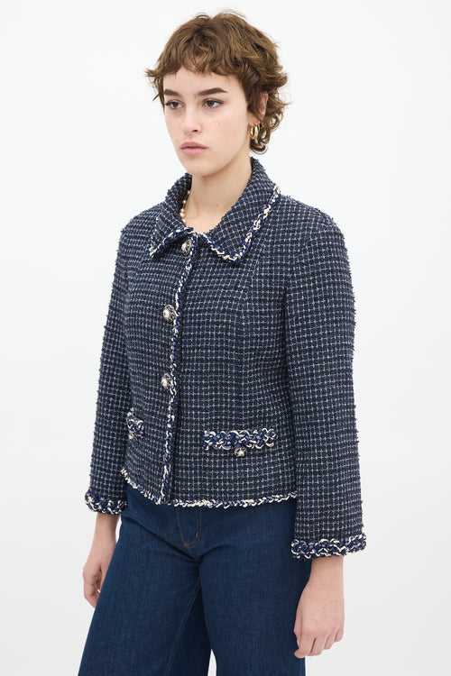 Chanel Navy Cotton Tweed CC Pearl Button Jacket