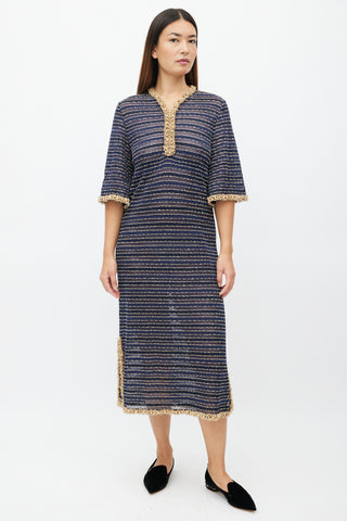 Chanel Navy 
Gold Beaded Stripe Dress