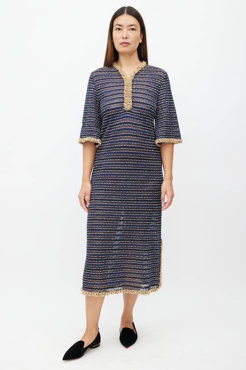 Chanel Navy 
Gold Beaded Stripe Dress