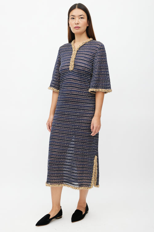 Chanel Navy 
Gold Beaded Stripe Dress