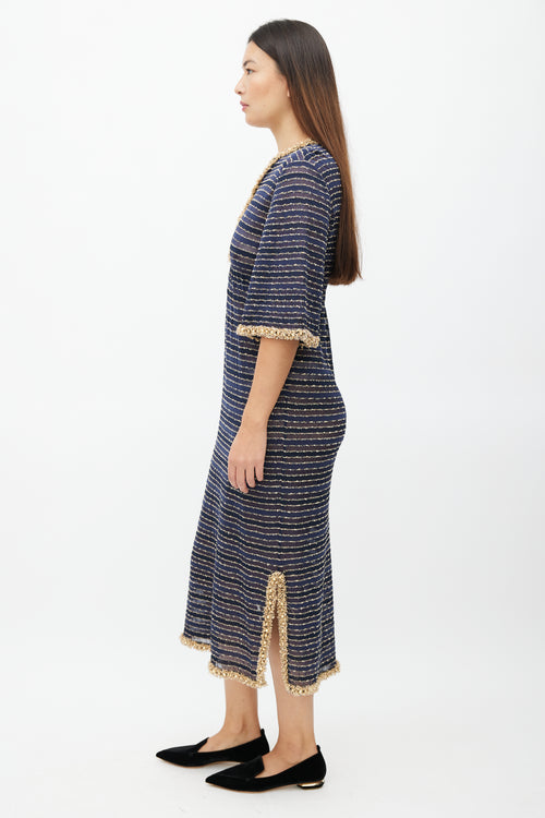 Chanel Navy 
Gold Beaded Stripe Dress