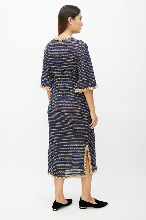 Chanel Navy 
Gold Beaded Stripe Dress