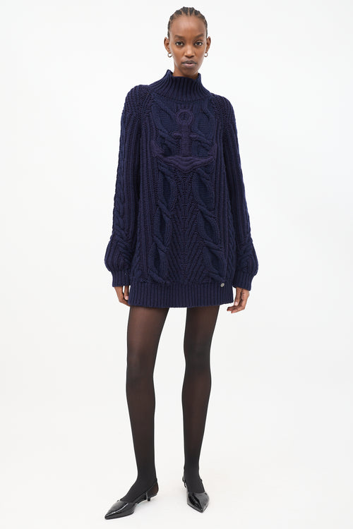 Chanel Navy Knit Embroidered Anchor Mock Neck Sweater