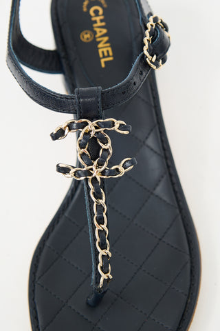 Chanel Navy Braided Leather 
Chain CC Sandal