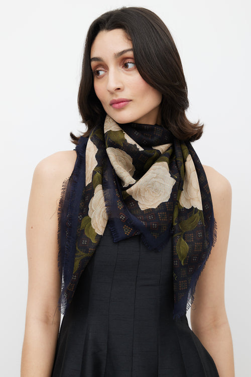 Chanel Navy 
Multicolour Camelia Print Scarf