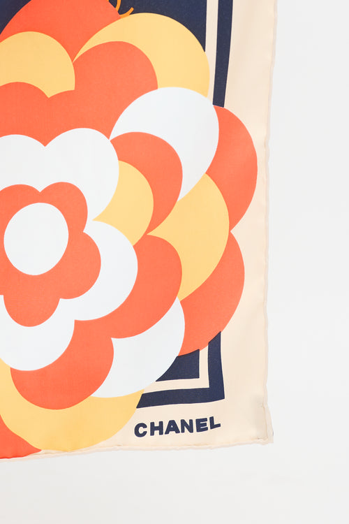 Chanel Navy 
Multicolour Silk CC Camellia Printed Scarf