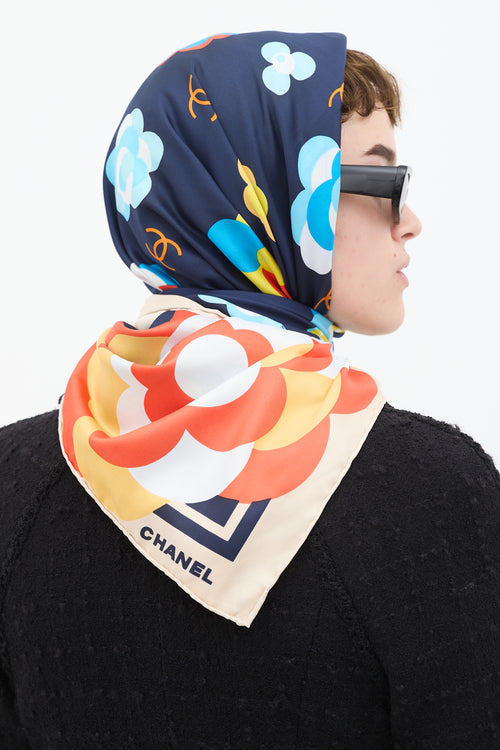 Chanel Navy 
Multicolour Silk CC Camellia Printed Scarf