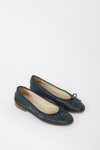 Chanel Navy Pebbled Leather CC Ballet Flat