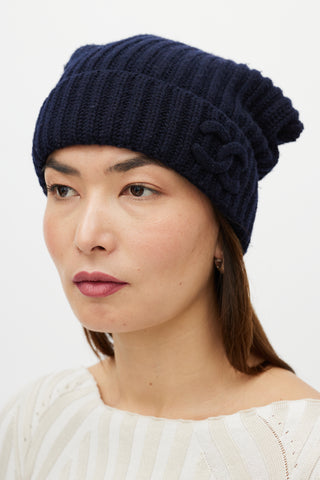 Chanel Navy Ribbed Slouchy CC Logo Beanie