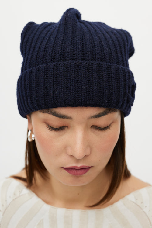 Chanel Navy Ribbed Slouchy CC Logo Beanie