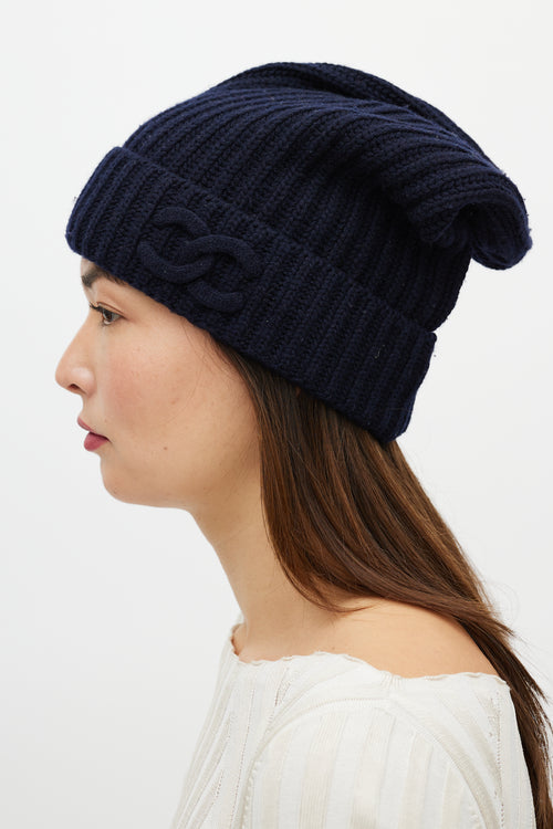 Chanel Navy Ribbed Slouchy CC Logo Beanie