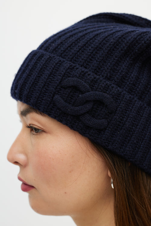 Chanel Navy Ribbed Slouchy CC Logo Beanie