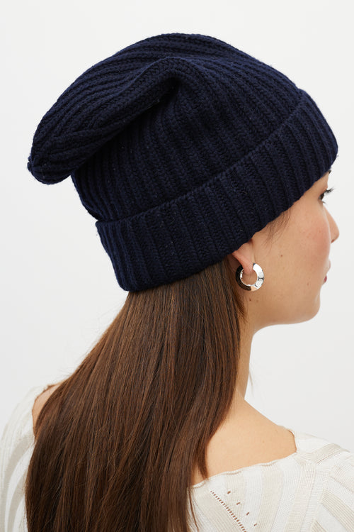 Chanel Navy Ribbed Slouchy CC Logo Beanie